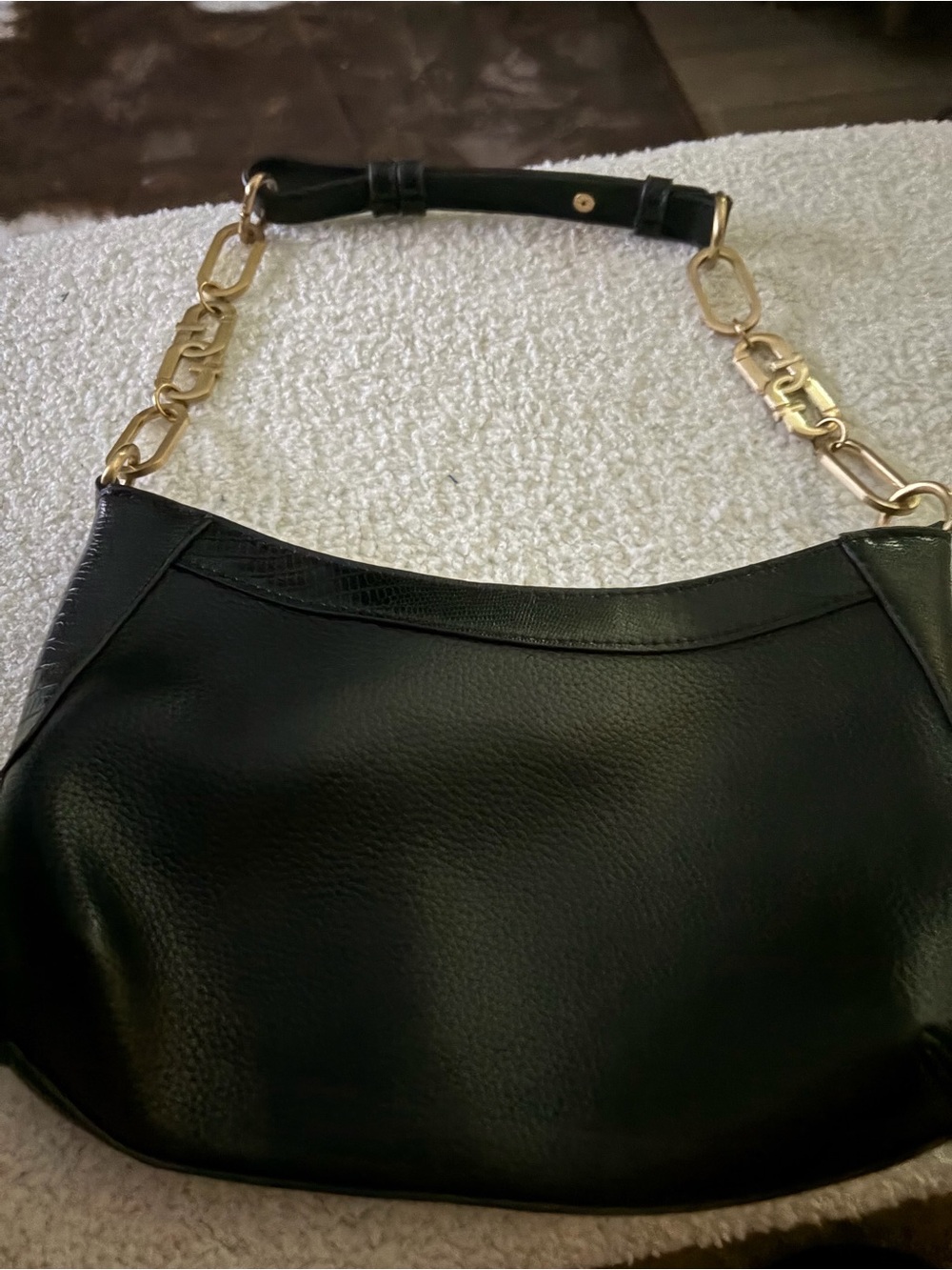 Black Leather Shoulder Bag with Gold Chain Strap